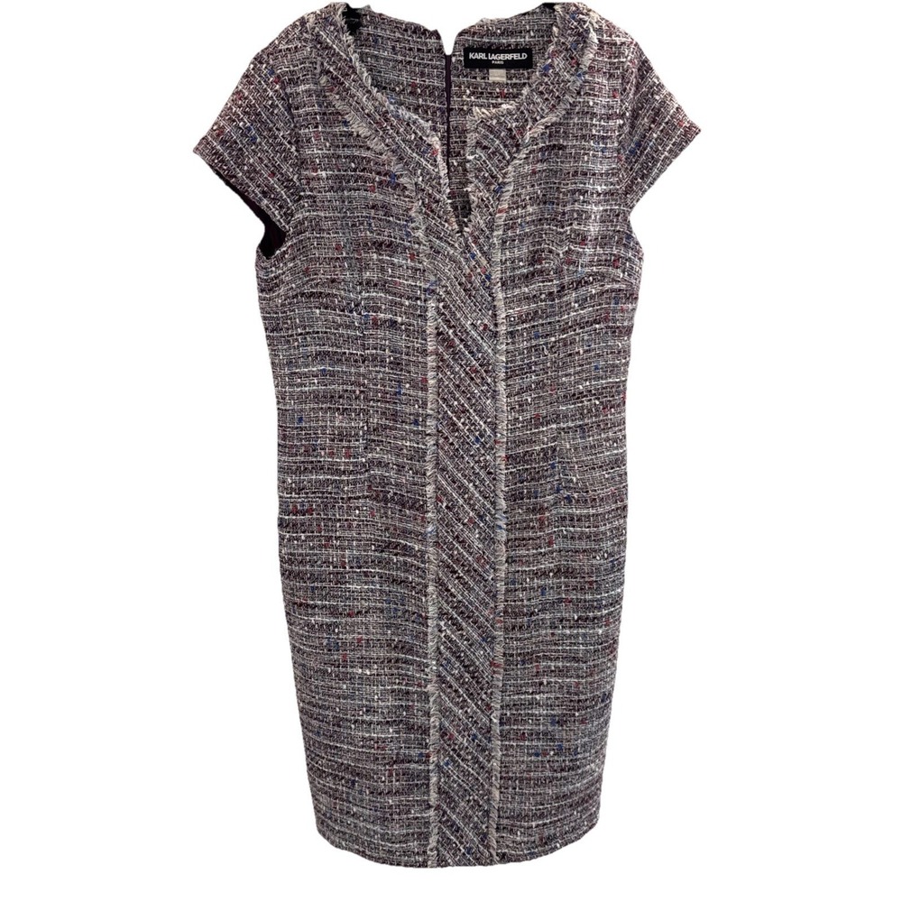NWT Karl Lagerfeld Dress Women 10 Purple Multi Fringe Tweed Sheath Career Easter